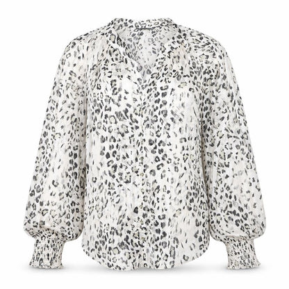 Front view of Dunnes Women’s Multicoloured Animal Print V-Neck Long Sleeve Blouse, size UK 12