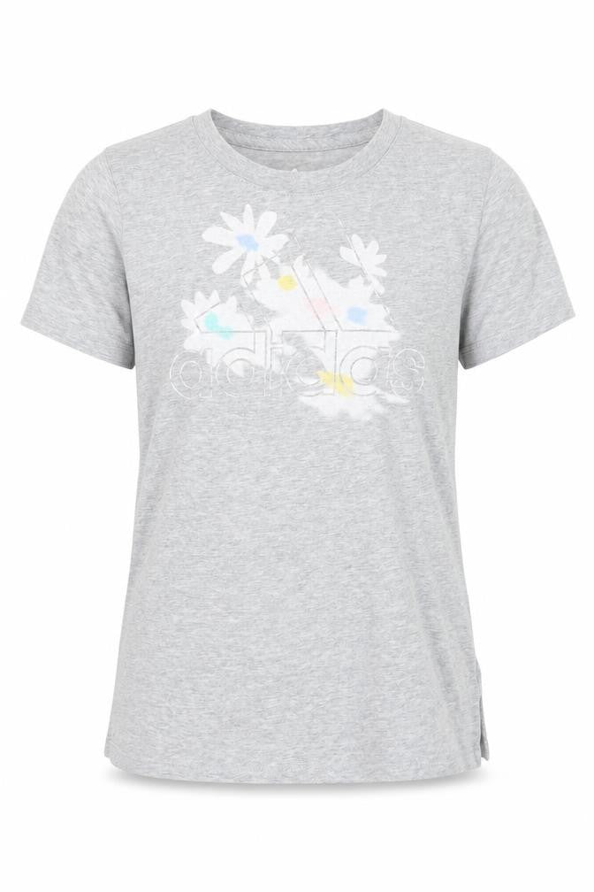Front view of Adidas girls’ grey graphic logo t-shirt age 18 years regular fit cotton blend
