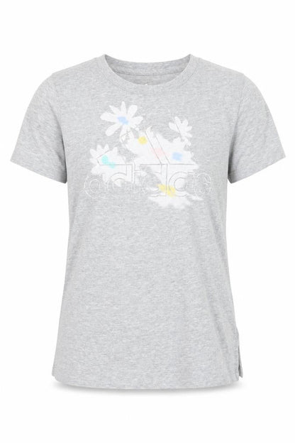 Front view of Adidas girls’ grey graphic logo t-shirt age 18 years regular fit cotton blend