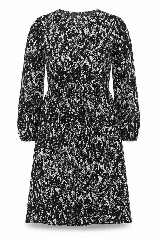 Front view of JDY Women's Black Animal Print A-Line Long Sleeve Dress XS