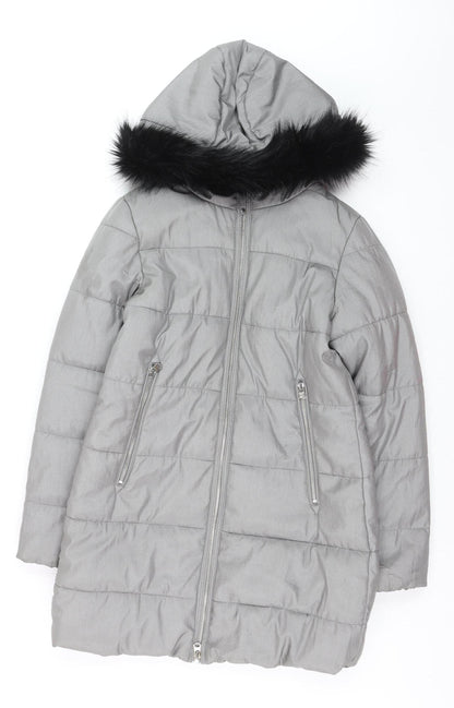 Marks and Spencer Women's Grey Faux Fur Trim Hooded Long Puffer Coat Size 10