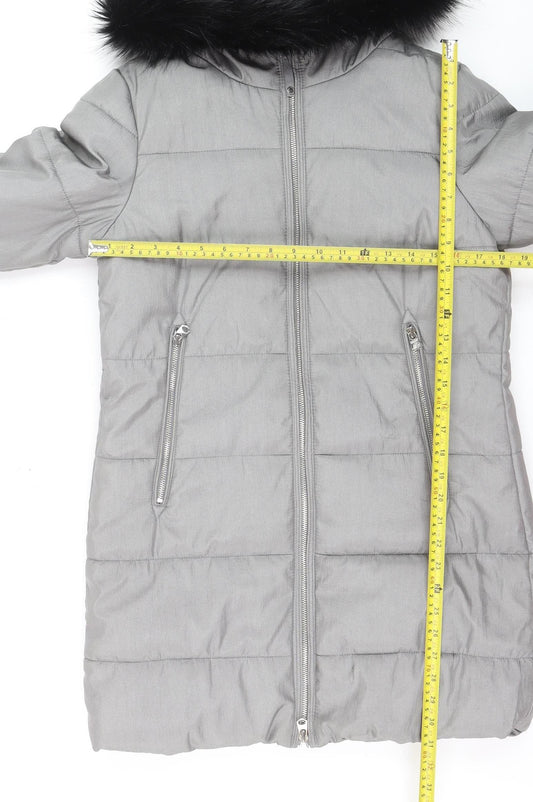 Marks and Spencer Women's Grey Faux Fur Trim Hooded Long Puffer Coat Size 10