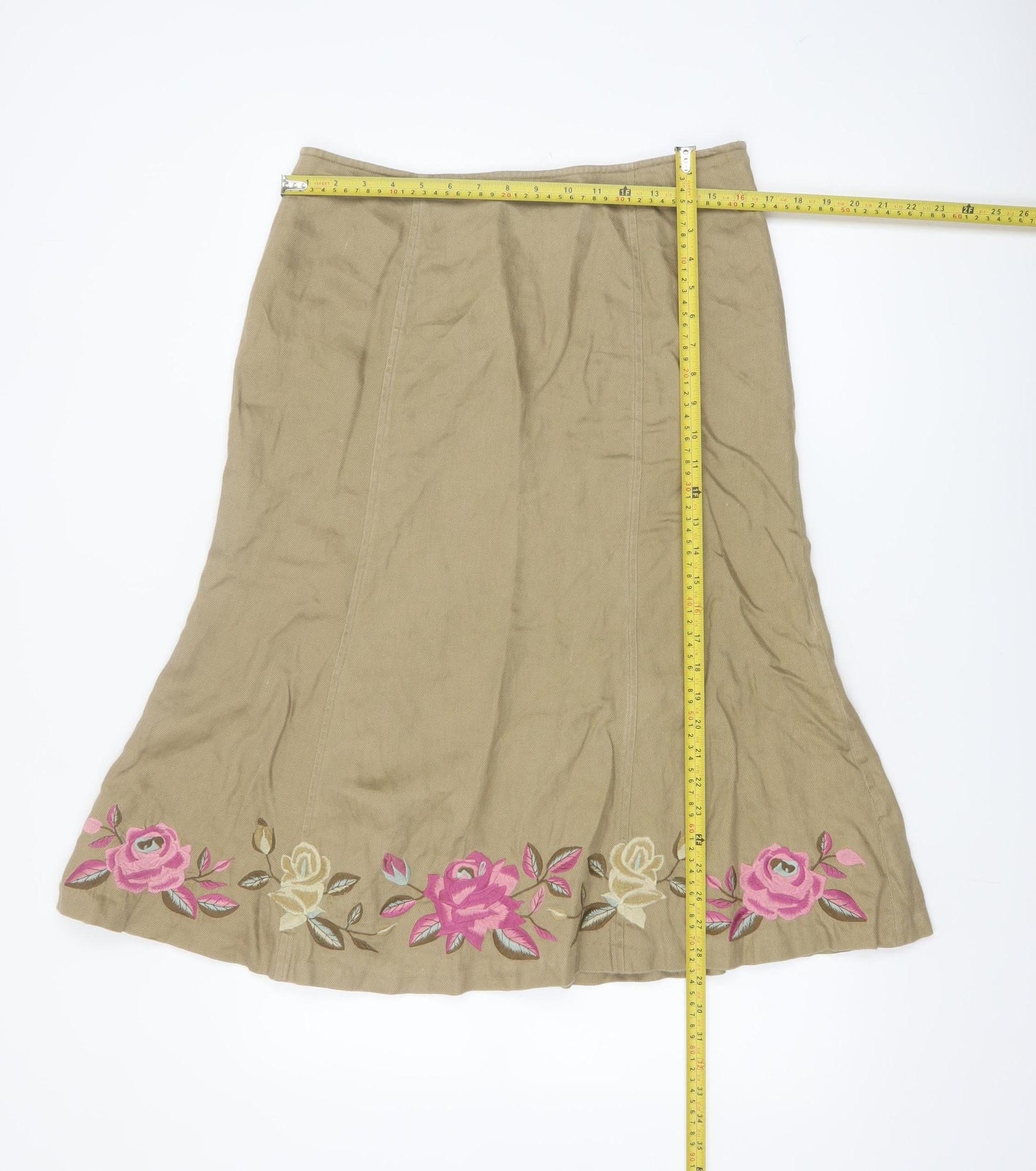 Planet Women's Beige Floral Embroidered Linen Midi A-Line Skirt Size 10