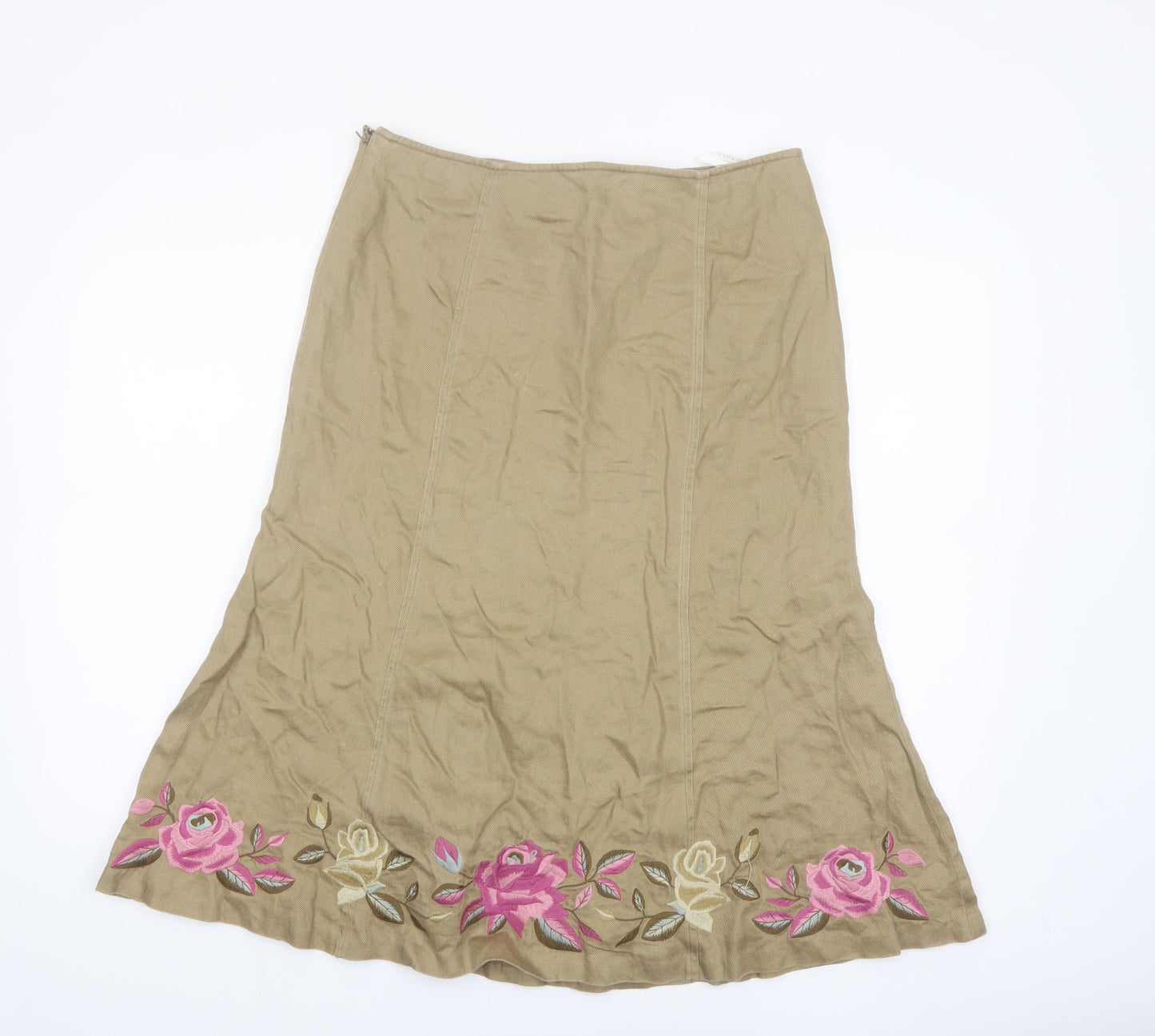 Planet Women's Beige Floral Embroidered Linen Midi A-Line Skirt Size 10