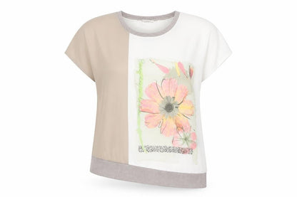 Bianca Women's Beige Floral Print Short Sleeve T-Shirt Size 12