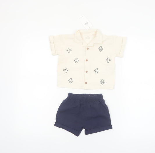 Marks and Spencer Unisex Baby Beige Embroidered Shorts Set 6-9 Months Cotton