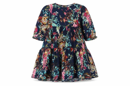 Next Girls Blue Floral Cotton A-Line Dress 4-5 Years 3/4 Sleeve