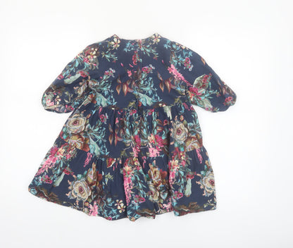 Next Girls Blue Floral Cotton A-Line Dress 4-5 Years 3/4 Sleeve