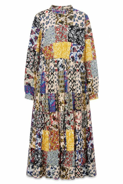 Exquiss's Women Multicoloured Midi A-Line Bohemian Patchwork Dress M