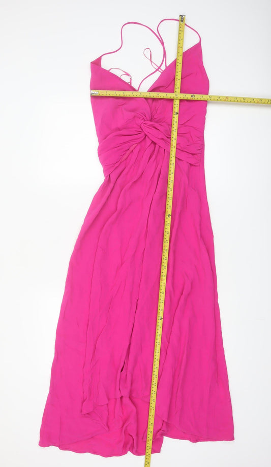 Zara Women Pink Midi Slip Dress XS Ruched Backless Summer Party