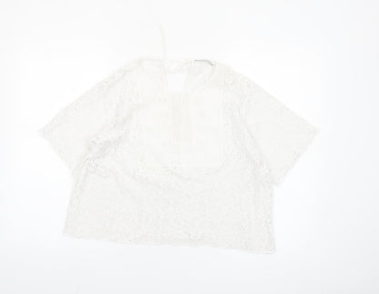 Zara Women's White Lace Tunic Blouse L Boho Crochet Summer Top