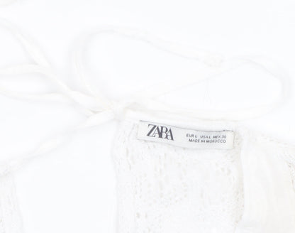 Zara Women's White Lace Tunic Blouse L Boho Crochet Summer Top