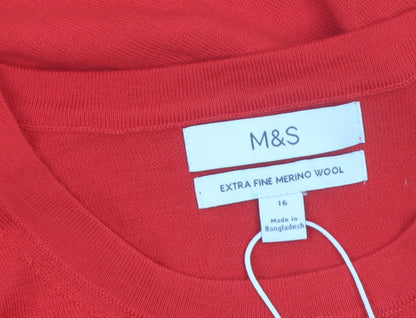 Marks and Spencer Women Red Merino Wool Crew Neck Jumper Size 16