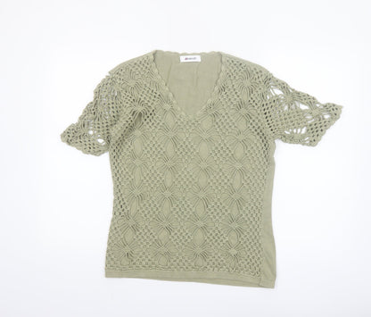 Damart Women’s Green Crochet Cotton Blouse Size 12/14 Short Sleeve