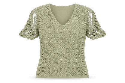 Damart Women’s Green Crochet Cotton Blouse Size 12/14 Short Sleeve