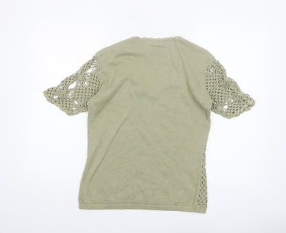 Damart Women’s Green Crochet Cotton Blouse Size 12/14 Short Sleeve