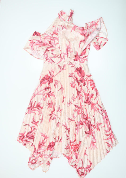Lipsy Women Pink Floral Asymmetric Midi Dress Size 10