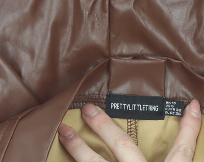 PrettyLittleThing Women Brown Faux Leather Short High Rise Skirt UK 10