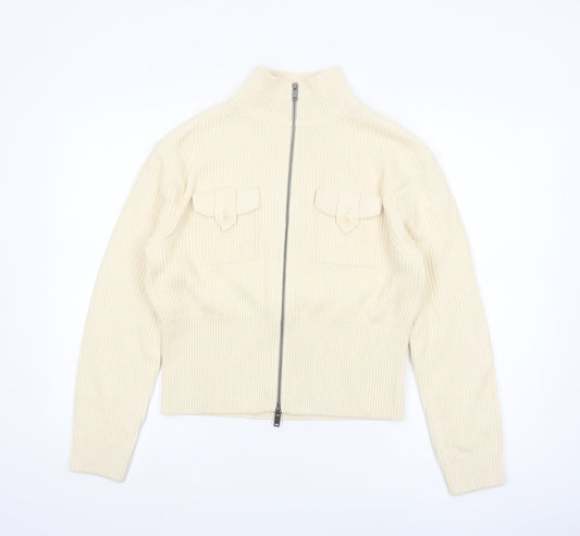 Marks and Spencer Women's Ivory Full Zip High Neck Cotton Blend Jumper Size S
