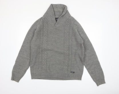 Threadbare Men's Grey Cable-Knit Shawl Collar Pullover Jumper Size L