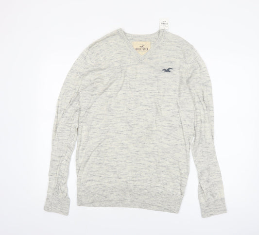 Hollister Men's Grey V-Neck Pullover Jumper Medium