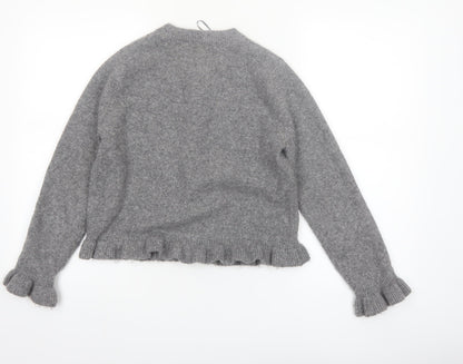 ZARA Womens Grey Knit Cardigan Small Ruffle Trim Lightweight