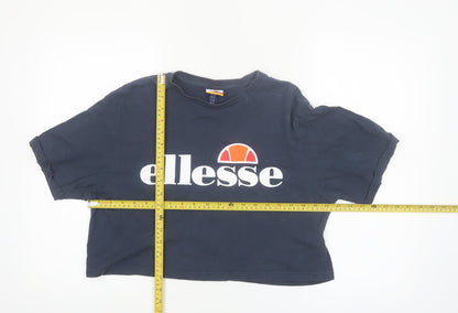 Ellesse Womens Blue Cropped T-Shirt UK 12 Classic Logo Cotton