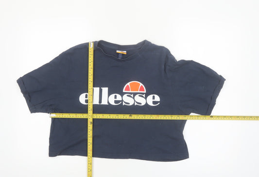 Ellesse Womens Blue Cropped T-Shirt UK 12 Classic Logo Cotton