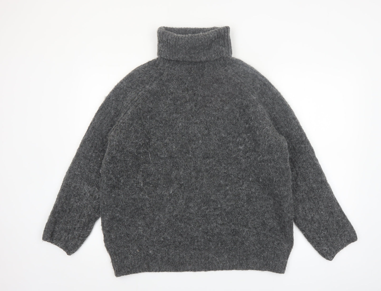 Zara Women's Grey Roll Neck Chunky-Knit Wool Blend Jumper Size S