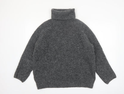 Zara Women's Grey Roll Neck Chunky-Knit Wool Blend Jumper Size S