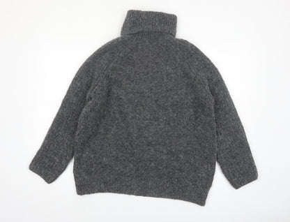 Zara Women's Grey Roll Neck Chunky-Knit Wool Blend Jumper Size S