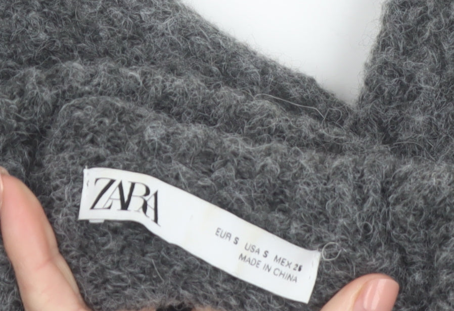 Zara Women's Grey Roll Neck Chunky-Knit Wool Blend Jumper Size S