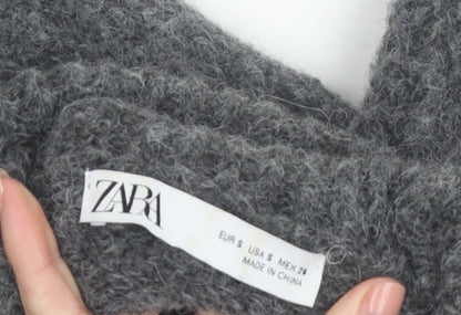 Zara Women's Grey Roll Neck Chunky-Knit Wool Blend Jumper Size S