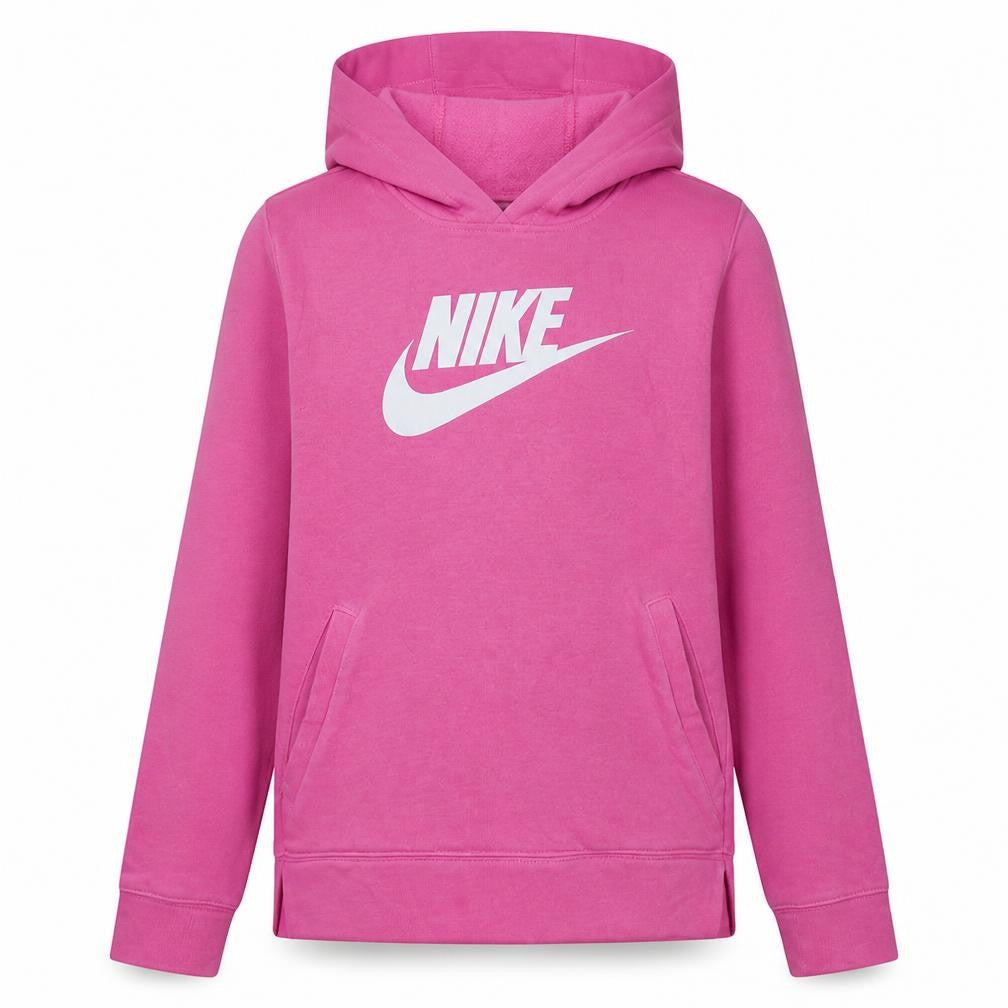 Front view of Nike girls’ pink pullover hoodie sweatshirt, size 146, fleece logo hooded