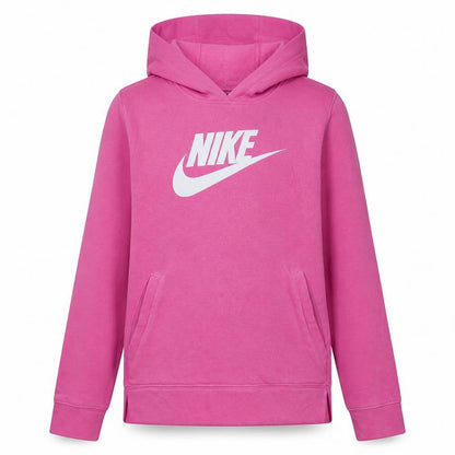 Front view of Nike girls’ pink pullover hoodie sweatshirt, size 146, fleece logo hooded