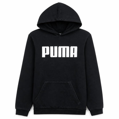 Front view of Puma boys’ black pullover hoodie 13-14 years fleece logo hooded sweatshirt