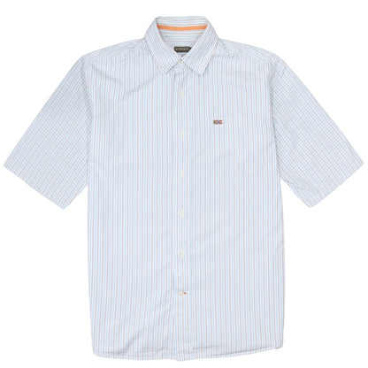 Napapijri Men Blue Striped Short Sleeve Button-Up Cotton Shirt L