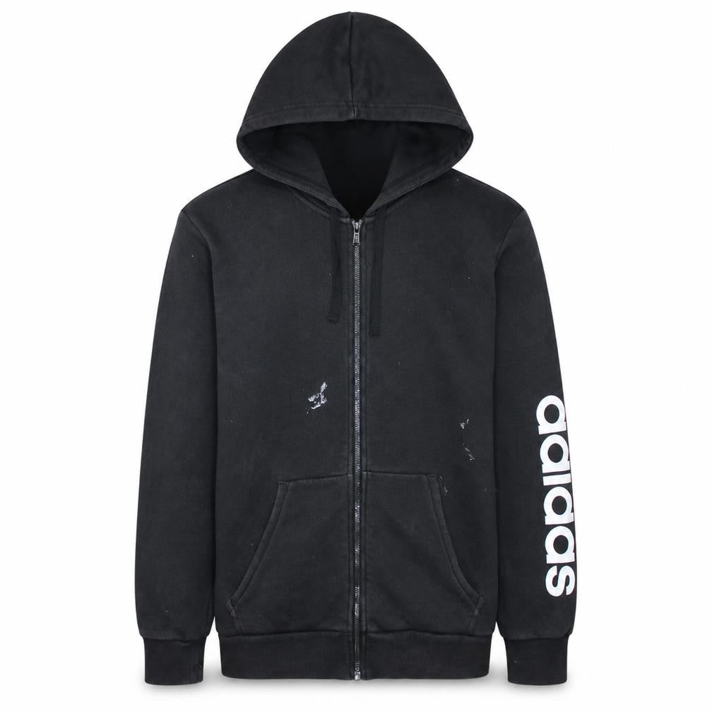 Front view of Adidas Men's Black Full Zip Hoodie, size M, Sports Logo Fleece