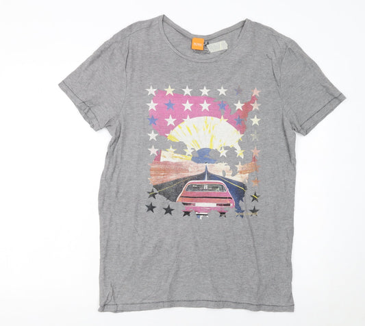 Hugo Boss Men Grey Retro Car Print Short Sleeve Cotton T-Shirt M