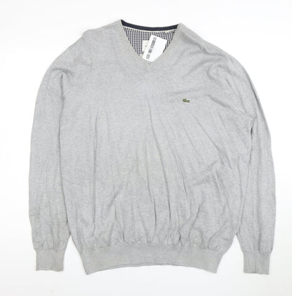 Lacoste Mens Grey Cotton V-Neck Jumper 2XL Regular Fit