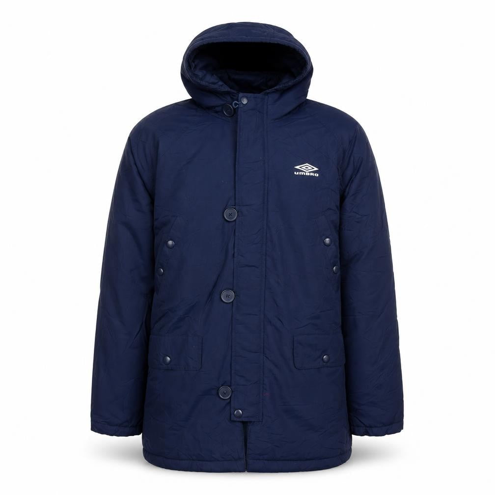 Front view of Umbro boys’ blue hooded parka coat 12 years nylon winter lined jacket