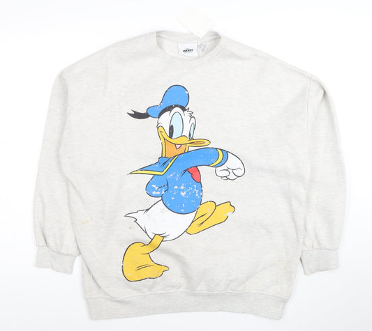 Front view of Disney unisex grey donald duck graphic pullover sweatshirt xs