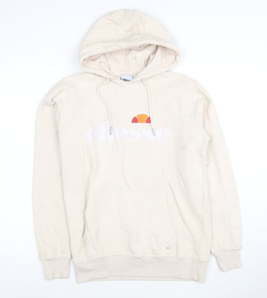 Ellesse Women Beige Pullover Hoodie UK 12 Logo Print Cotton Blend