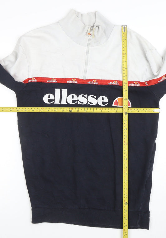 Ellesse Women White Navy 1/2 Zip Logo Sweatshirt UK 10 Cotton Blend