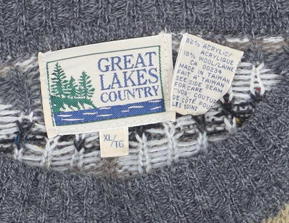 Great Lakes Country Men's Grey XL Geometric Wool Blend Retro Jumper