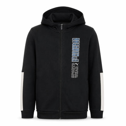 Front view of Puma boys’ black full zip hoodie, size 15-16, years sportswear logo