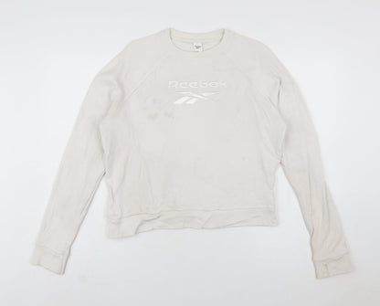 Reebok Womens Beige Sweatshirt Small Crew Neck Logo Cotton Blend
