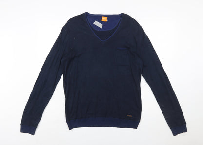 Hugo Boss Mens Blue V-Neck Cotton Pullover Jumper Medium