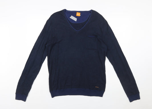 Hugo Boss Mens Blue V-Neck Cotton Pullover Jumper Medium