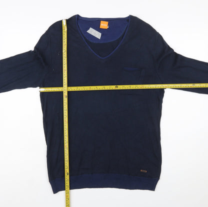 Hugo Boss Mens Blue V-Neck Cotton Pullover Jumper Medium